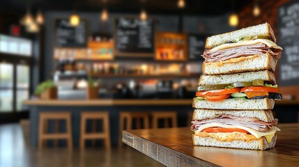 Fototapeta premium Stacked deli sandwiches cafe background menu