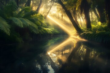 Naklejka premium A serene forest scene with sunlight streaming through trees, reflecting on a tranquil river surrounded by lush greenery. Concept Tranquil Forest, Sunlight Reflection, Serene River, Lush Greenery