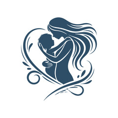 Mother and Baby in Heart Silhouette Vector Art