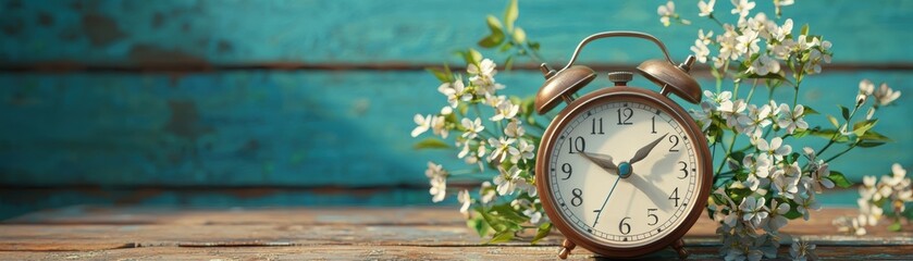 A vintage alarm clock sits beside delicate flowers against a rustic wooden backdrop, blending time with nature's beauty., Day Light Saving Time