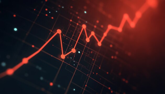 Abstract Glowing Red Chart Upward Trend Shows Success On Digital Circuitry Background.