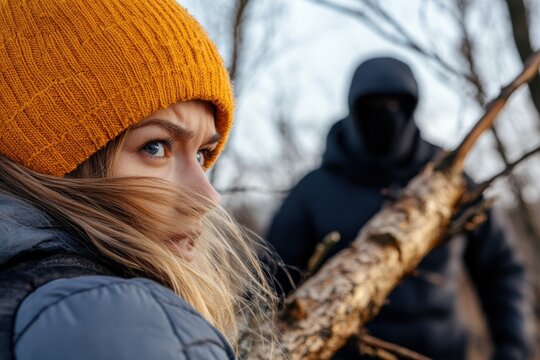 A young woman wearing a bright beanie grasps a branch, turning her head to look fearfully over her shoulder as an unidentified figure lurks behind her, heightening anxiety.