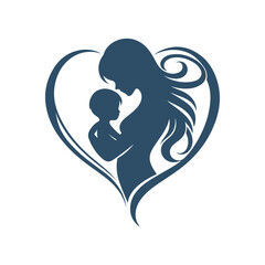 Mother and Baby in Heart Silhouette Vector Art
