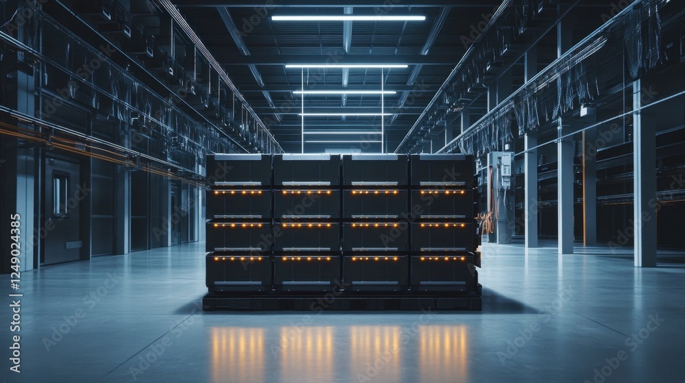 Poster high tech data center showcasing rows of servers with glowing lights, emphasizing modern technology 