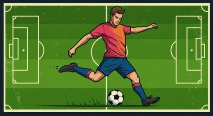Fototapeta premium Dynamic Soccer Illustration of Player Kicking Ball on Vibrant Green Field - Perfect for Sports Enthusiasts and Soccer-Themed Designs