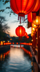 Obraz premium red paper lanterns over a serene Kyoto river Japan phone wallpaper background | generative AI