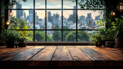 Rustic Wooden Table City View Window Background Image