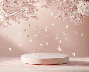 A podium on the ground with scattered pink petals flying, a minimal mockup background for product presentation