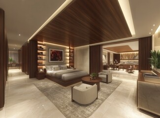Fototapeta premium Spacious modern bedroom suite featuring warm wood tones, a king sized bed, sitting area, and open layout. Soft lighting creates a relaxing
