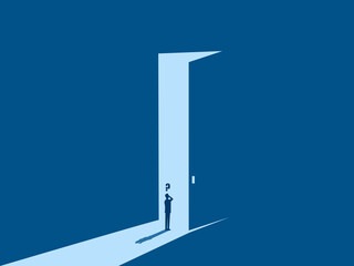 Getting new opportunities, people standing confused at the big door with light