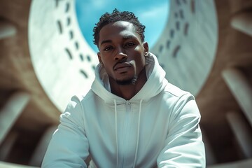 urban athlete in premium athleisure wear minimalist monochrome ensemble architectural backdrop with clean lines