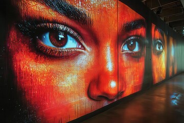 urban art installation merging vintage vinyl records street art murals and digital projection mapping creating a dynamic multimedia experience in a warehouse setting