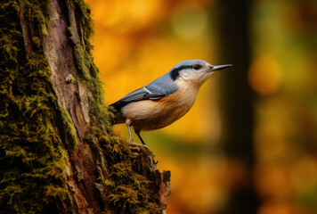 Obraz premium small bird perched on moss covered tree trunk in vibrant autumn forest. bird has blue and cream plumage, blending beautifully with warm colors of foliage