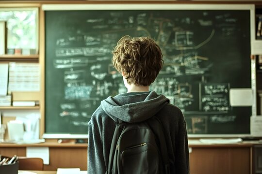 Student with a backpack stands before a classroom chalkboard filled with complex math equations, embodying focus and learning in an educational environment