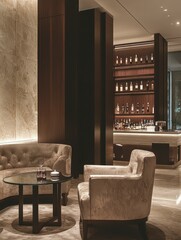 Modern hotel lobby lounge area features dark brown wooden bar, beige upholstered furniture, round glass table, and exposed concrete walls. The
