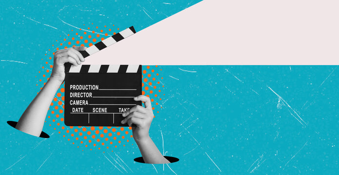 Modern art collage showing hands holding a clapper on a blue background with copy space.