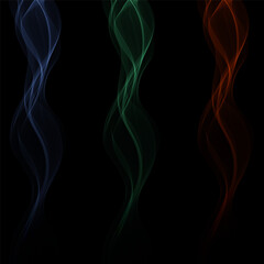 Set of color Smoky abstract waves on a black background. Vector design element.