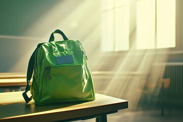 Vibrant green backpack sits on a wooden desk in an empty classroom, illuminated by warm sunlight streaming through a window, creating a serene and studious atmosphere