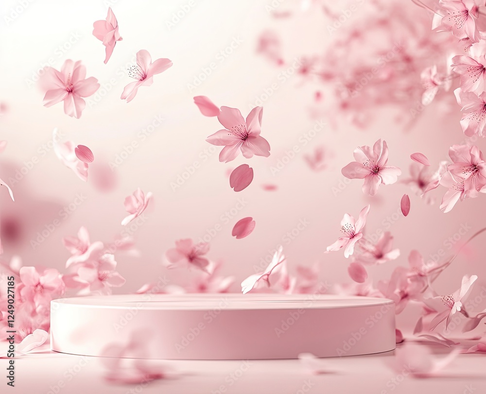 Canvas Prints A podium on the ground with scattered pink petals flying, a minimal mockup background for product presentation