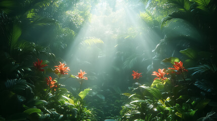 Fototapeta premium Sunlight streams gently through a lush rainforest, illuminating bright flowers amidst rich greenery, creating an enchanting atmosphere filled with natural beauty