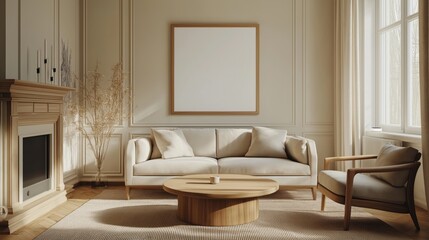 Fototapeta premium Round wooden coffee table near sofa and armchair against window and wall with blank mockup poster frame. Scandinavian interior design of modern living room.