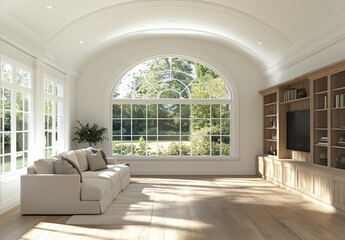 Fototapeta premium Bright and Spacious Modern Living Room with Arched Windows and Sofa