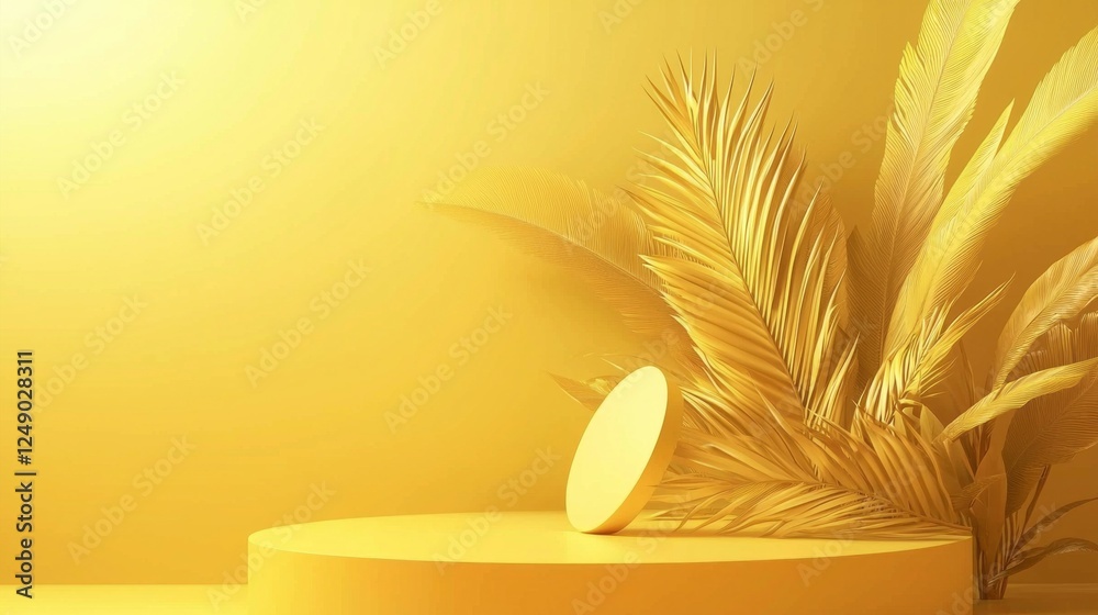 Poster this striking setup features a yellow display podium complemented by lush yellow leaves, ideal for h