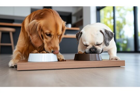 A golden retriever and a pug are happily eating from their respective bowls, creating a warm atmosphere of pet companionship in a minimalist dining space.