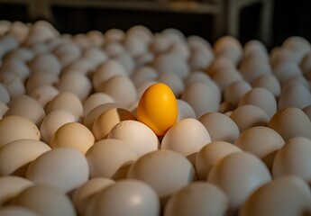 Unique Yellow Egg Among a Sea of White Eggs in a Market Setting