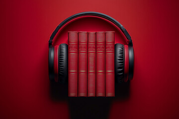 headphones are put on red books. Audio book concept