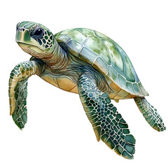 Fototapeta premium Watercolor of a Graceful Green Turtle on Smooth White Background