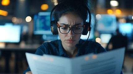 Focused woman in headset reviewing documents in a modern office environment with computers