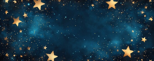 Fototapeta premium golden stars twinkle on a dark blue background. The stars are arranged in a circle, leaving a space in the center for text or an image
