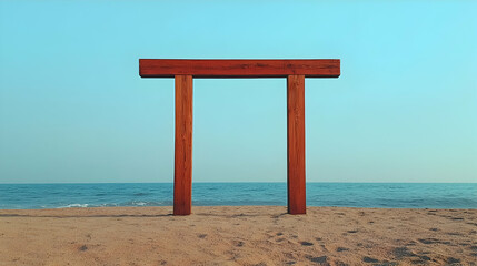 Fototapeta premium Wooden Torii Gate on Sandy Beach
