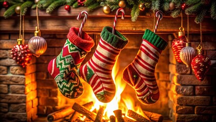Fototapeta premium Festive Candy Cane Stockings by Fireplace - Low Light Christmas Photo