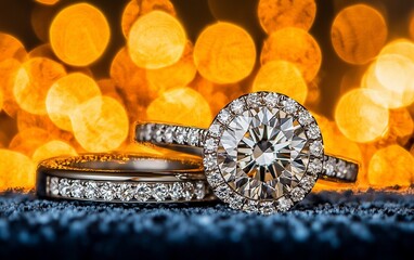 Fototapeta premium Diamond engagement rings on a dark background with bokeh lights. Possible use for jewelry ads