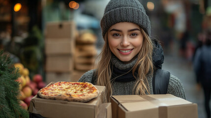 Delivering joy with freshly baked pizza and warm boxes in a bustling market during a cozy afternoon