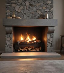 Elegant fireplace with crackling flames and stylish decorative stone hearth, warm ambiance, decorative stone