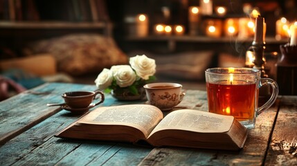 A fresh bouquet of white roses rests on an open book, complemented by candles and a cup of tea