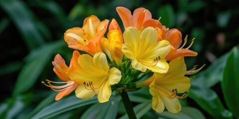 Fototapeta premium Vivid yellow lily flower in bloom, with green leaves and blurred green background. Shot taken during the day in a garden setting.