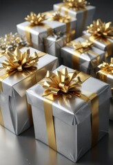 Elegant gifts wrapped in shimmering silver and gold , festive atmosphere, elegant, holiday decor