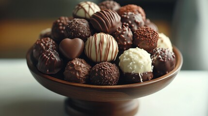:A high-definition capture of a Valentine chocolate bouquet containing milk and dark chocolate hearts, decorated with fresh roses and a delicate ribbon