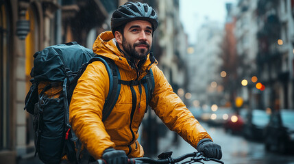 Fototapeta premium Adventurous cyclist navigates a rainy urban street, embracing the journey with a bright spirit and vibrant gear
