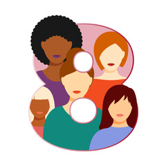 Vector illustration of group of women portrait in number eight on transparent background