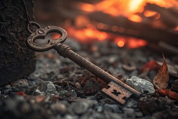 Vintage Skeleton Key Resting on Dark Charcoal with Glowing Embers and Mysterious Atmosphere