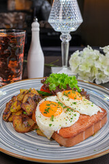 food, baked meatloaf with fried eggs and roast potatoes