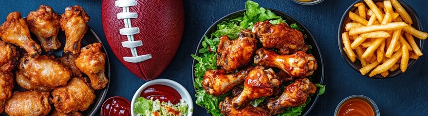 Naklejka premium Football Themed Table Setting Featuring Delicious Dishes Including Chicken Wings, Fries, and Dipping Sauces Perfect for Game Day Gatherings