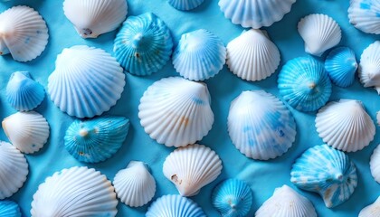 Azure blue white shell motif with linen seamless batik background evokes a tranquil coastal summer aesthetic perfect for interior design and fabric print