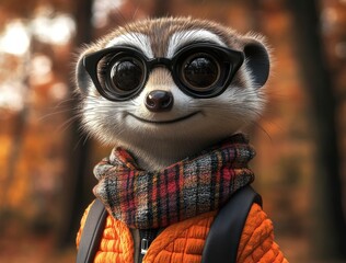Cute cartoon meerkat wearing glasses and scarf in autumn forest
