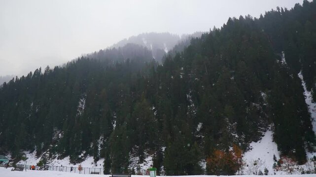 Slow motion shot of snowfall in front of the Pine tree forest and snowy Himalayan mountain peak of the Pir Panjal range at Aru Valley near Pahalgam in Jammu and Kashmir, India. Snowfall in mountains.